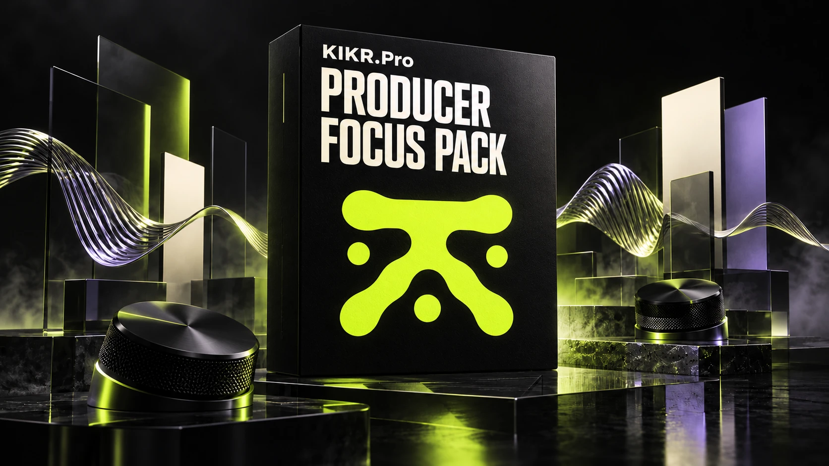 KIKR.Pro Producer Focus Pack editorial digital product mockup with lime signal artwork and audio controls